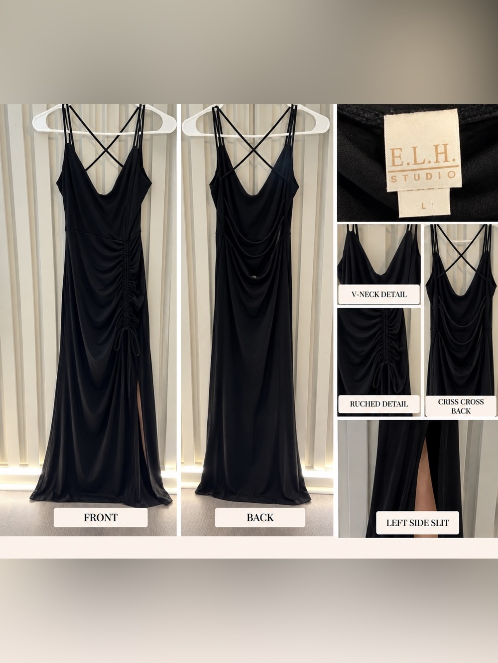 Black Ruched Maxi Dress with Crisscross Back
